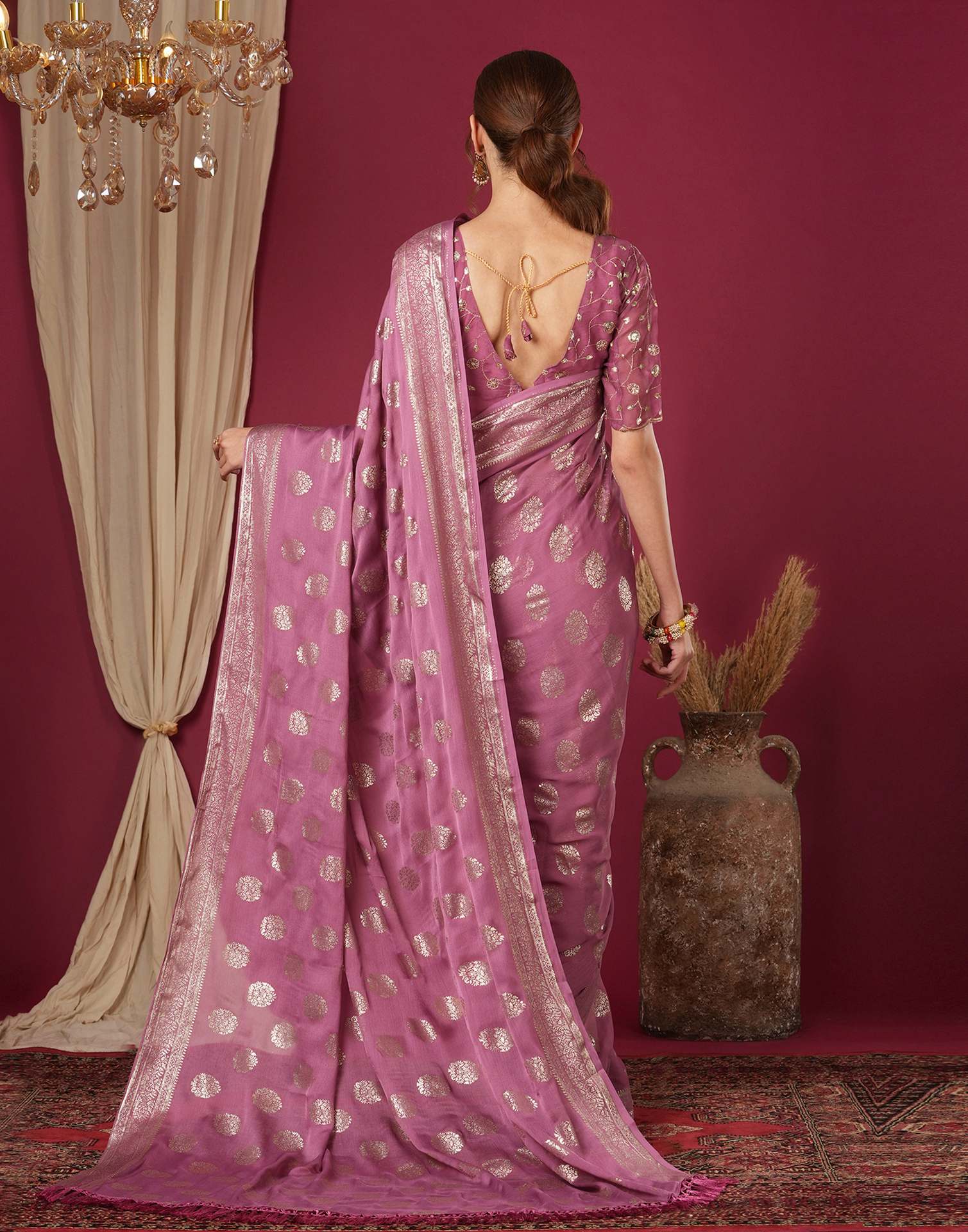 Dark Mauve Chinnon Foil Printed Saree