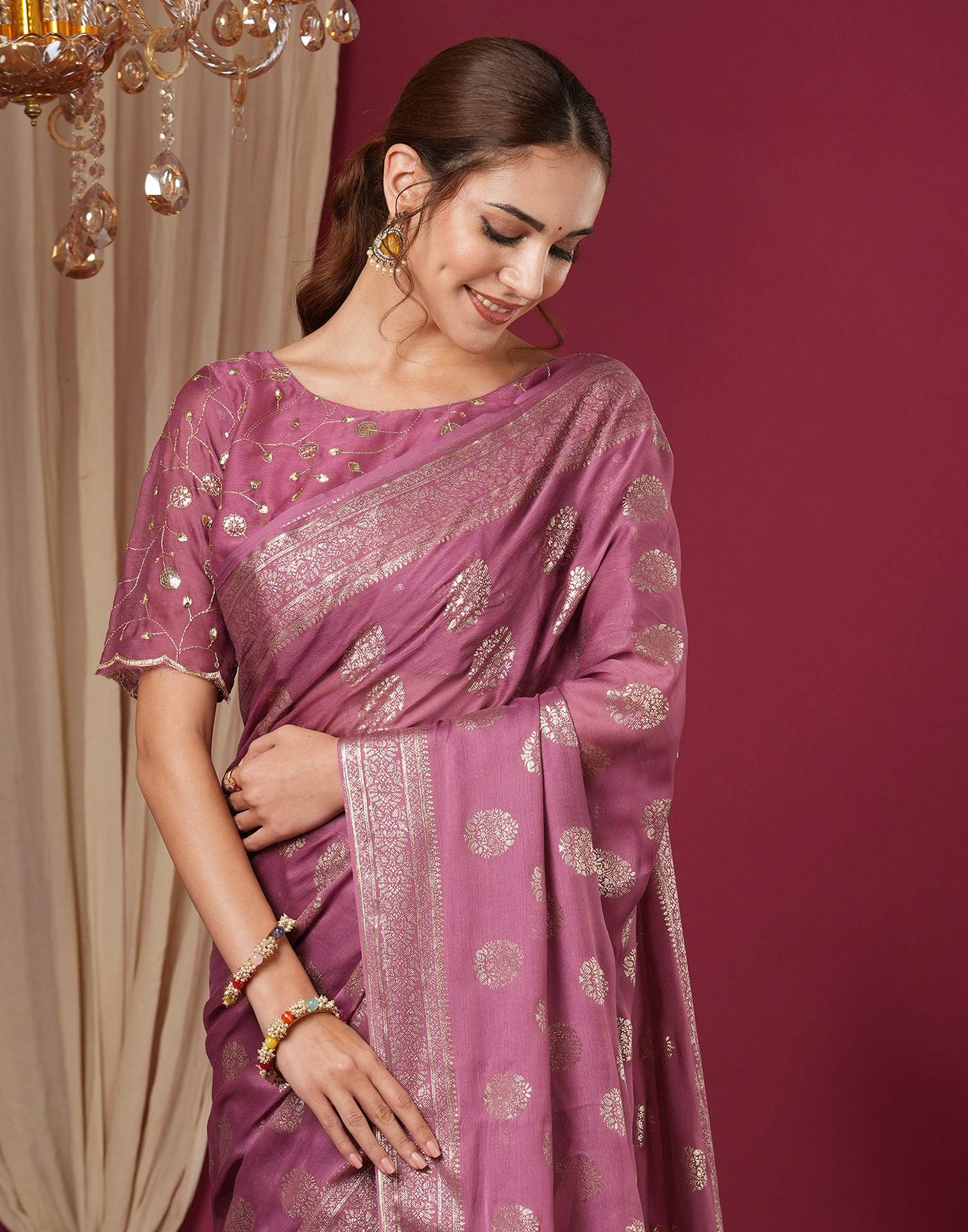 Dark Mauve Chinnon Foil Printed Saree