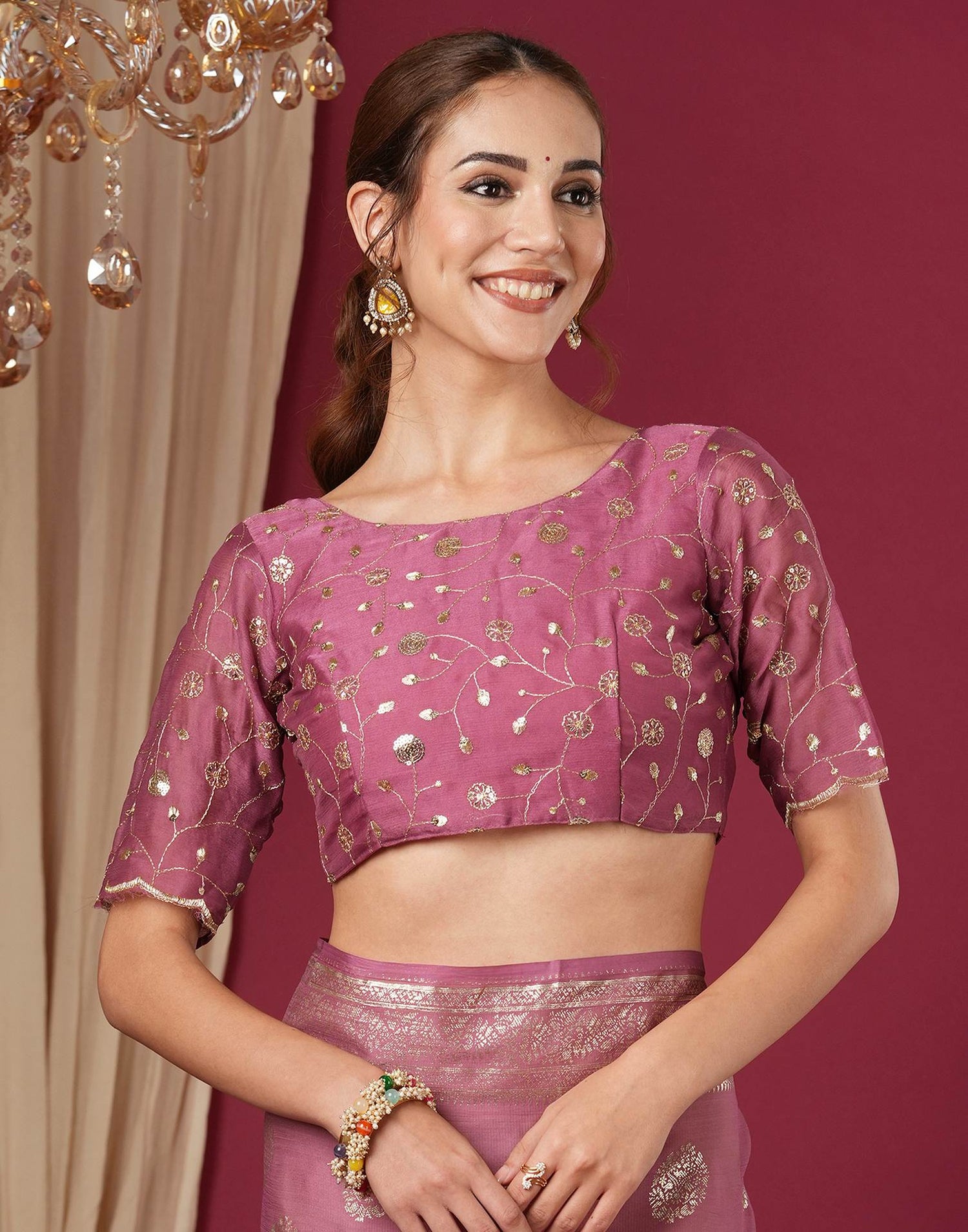 Dark Mauve Chinnon Foil Printed Saree