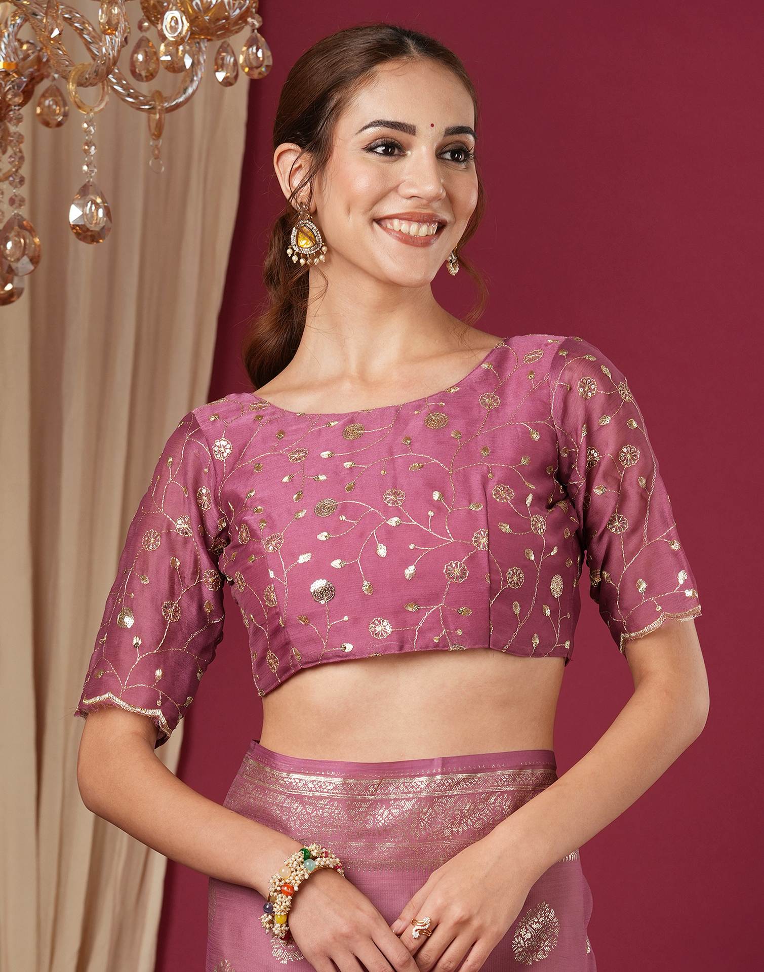 Dark Mauve Chinnon Foil Printed Saree