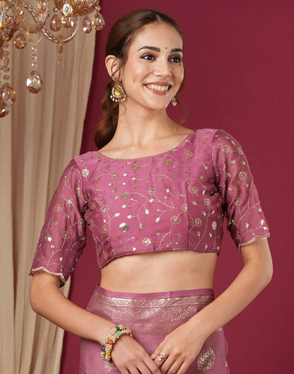 Dark Mauve Chinnon Foil Printed Saree