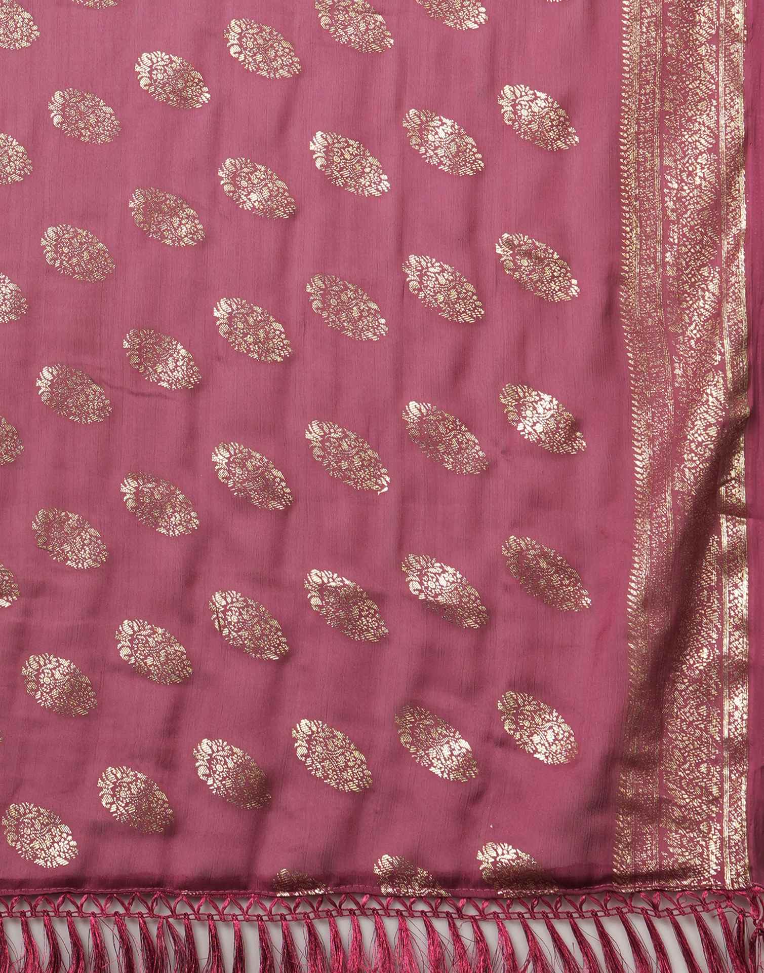 Dark Mauve Chinnon Foil Printed Saree
