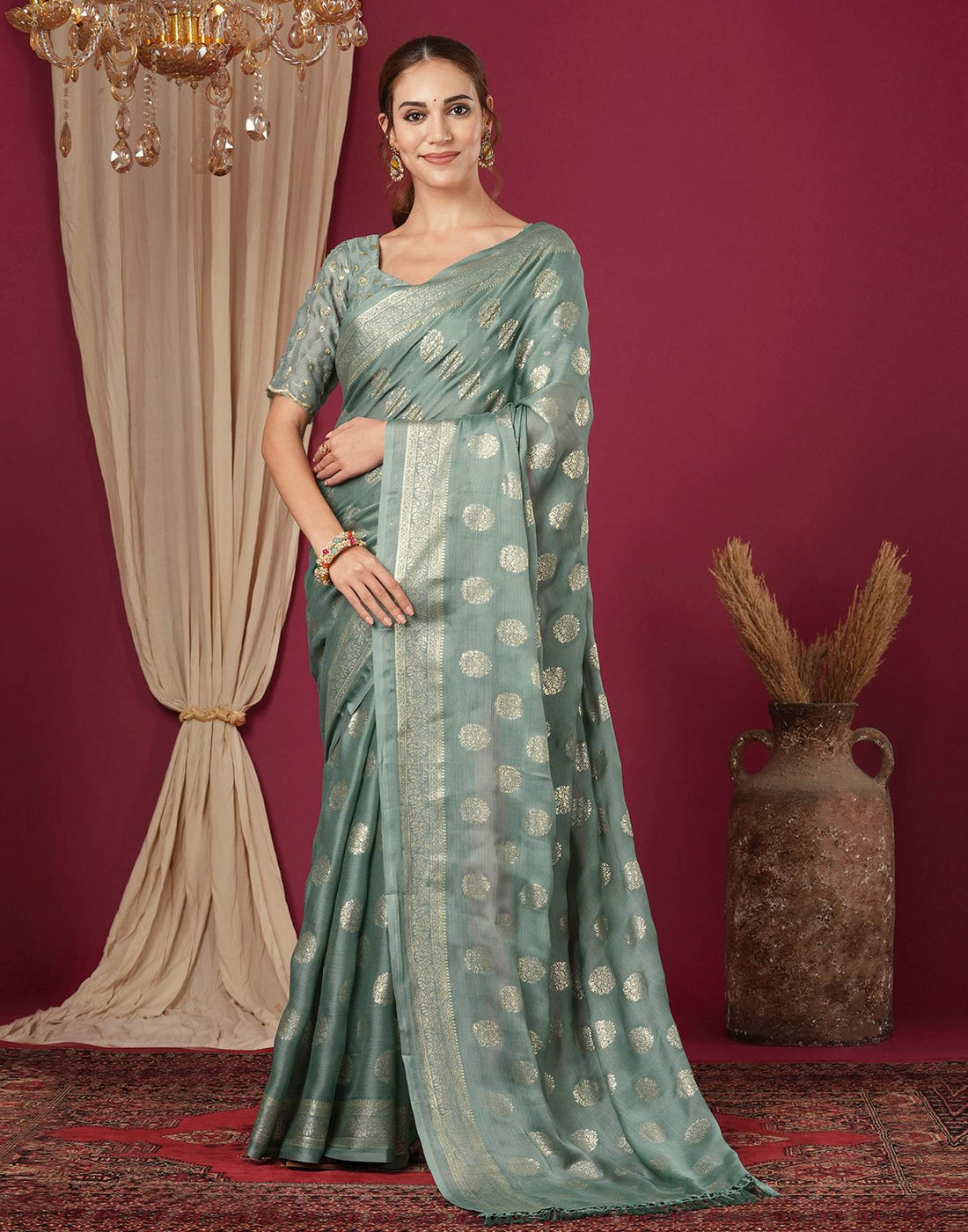 Moss Green Chinnon Foil Printed Saree