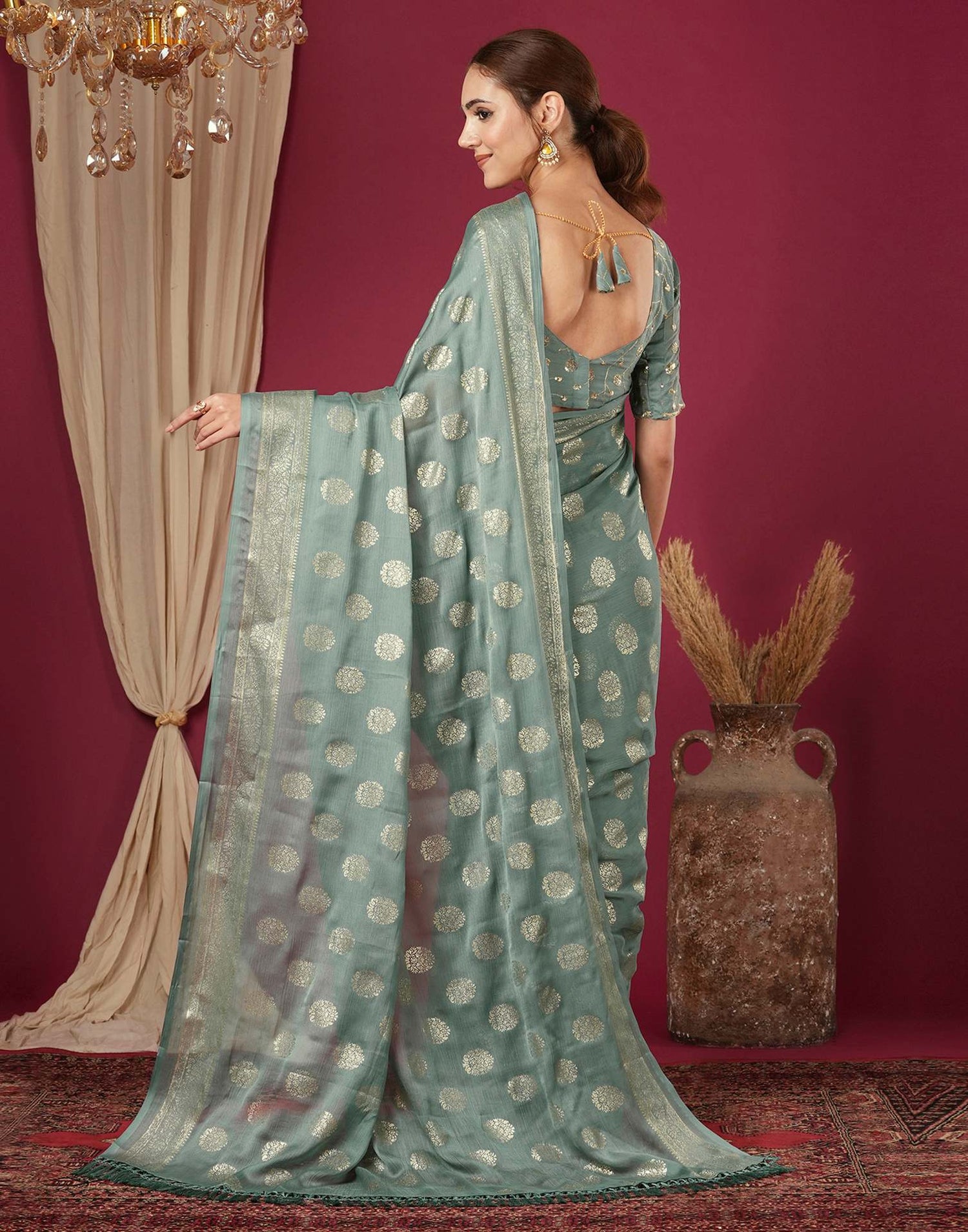 Moss Green Chinnon Foil Printed Saree