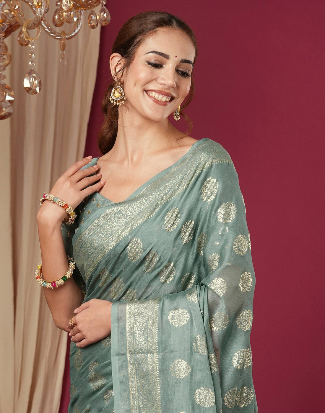 Moss Green Chinnon Foil Printed Saree