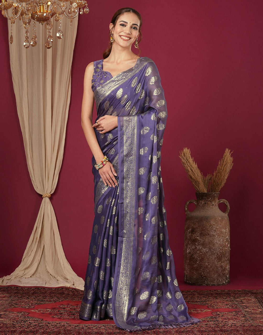 Dusty Purple Chinnon Foil Printed Saree
