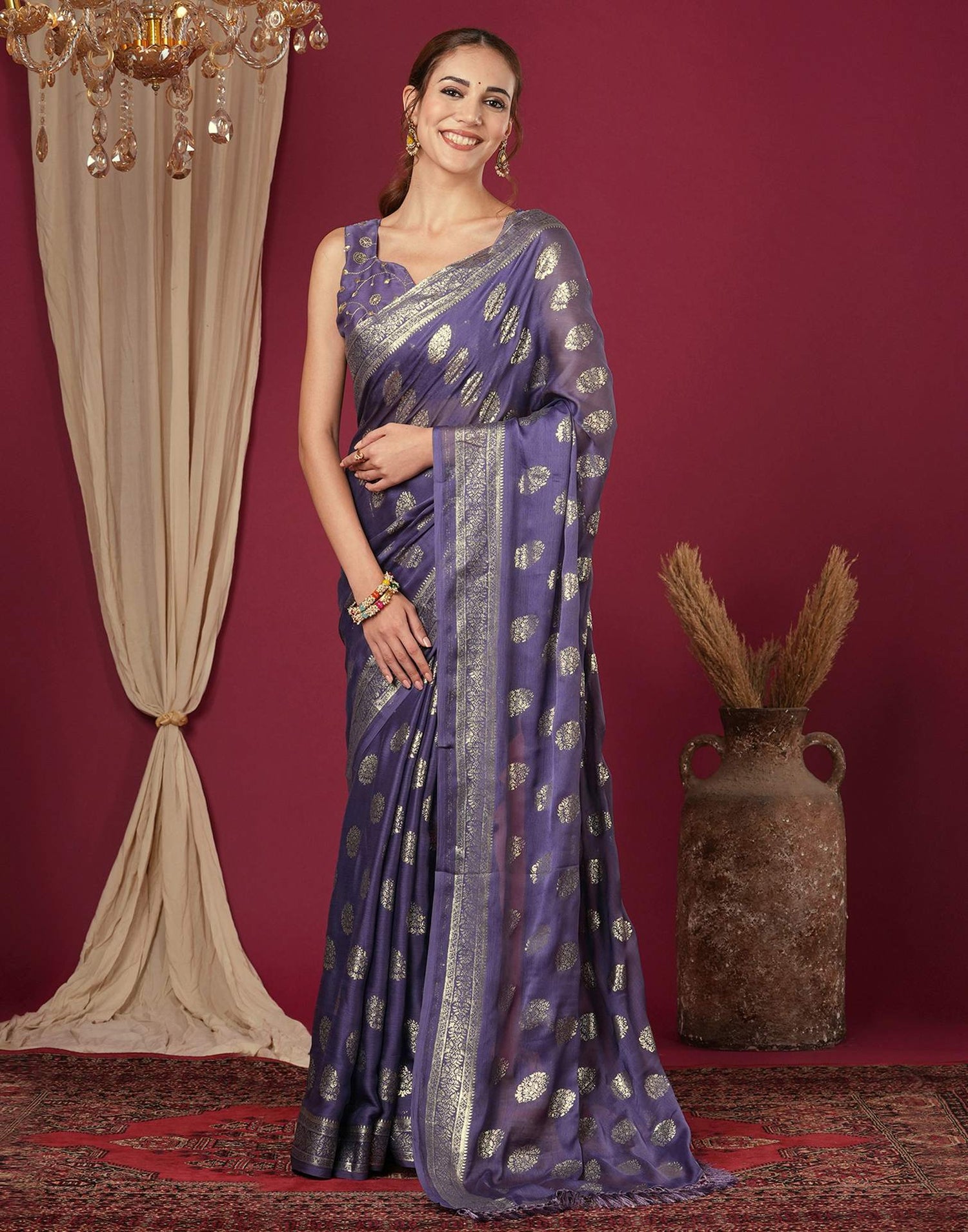 Dusty Purple Chinnon Foil Printed Saree