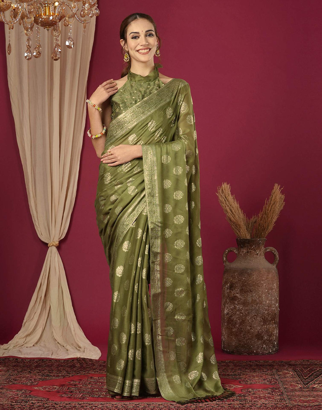 Olive Green Chinnon Foil Printed Saree