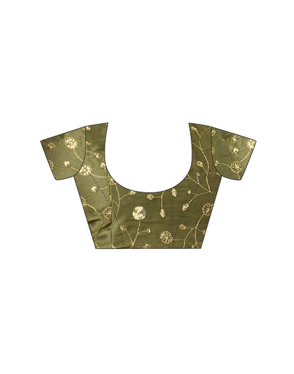 Olive Green Chinnon Foil Printed Saree