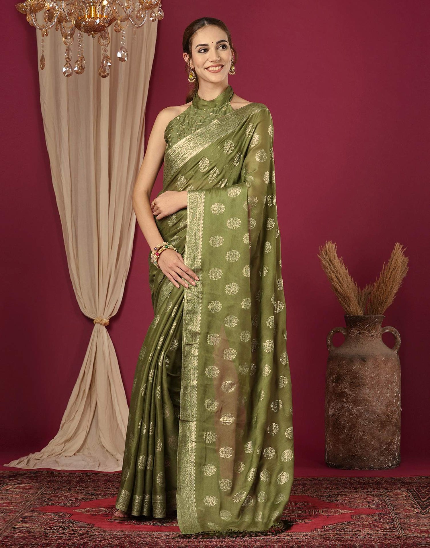 Olive Green Chinnon Foil Printed Saree