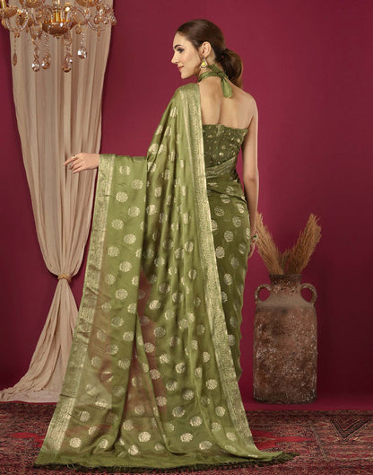 Olive Green Chinnon Foil Printed Saree