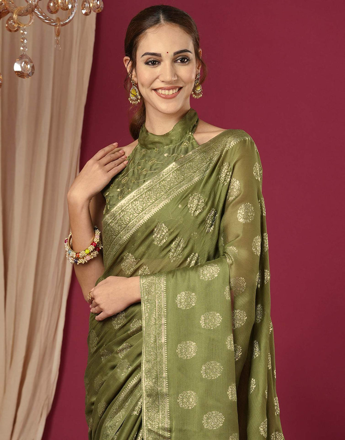 Olive Green Chinnon Foil Printed Saree