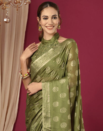 Olive Green Chinnon Foil Printed Saree