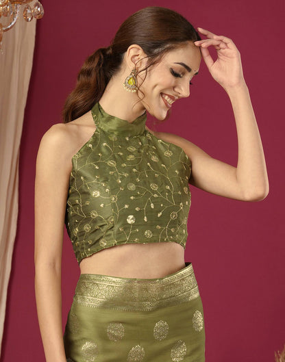 Olive Green Chinnon Foil Printed Saree