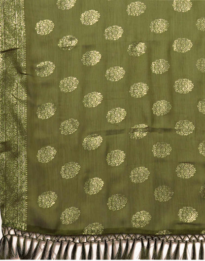 Olive Green Chinnon Foil Printed Saree