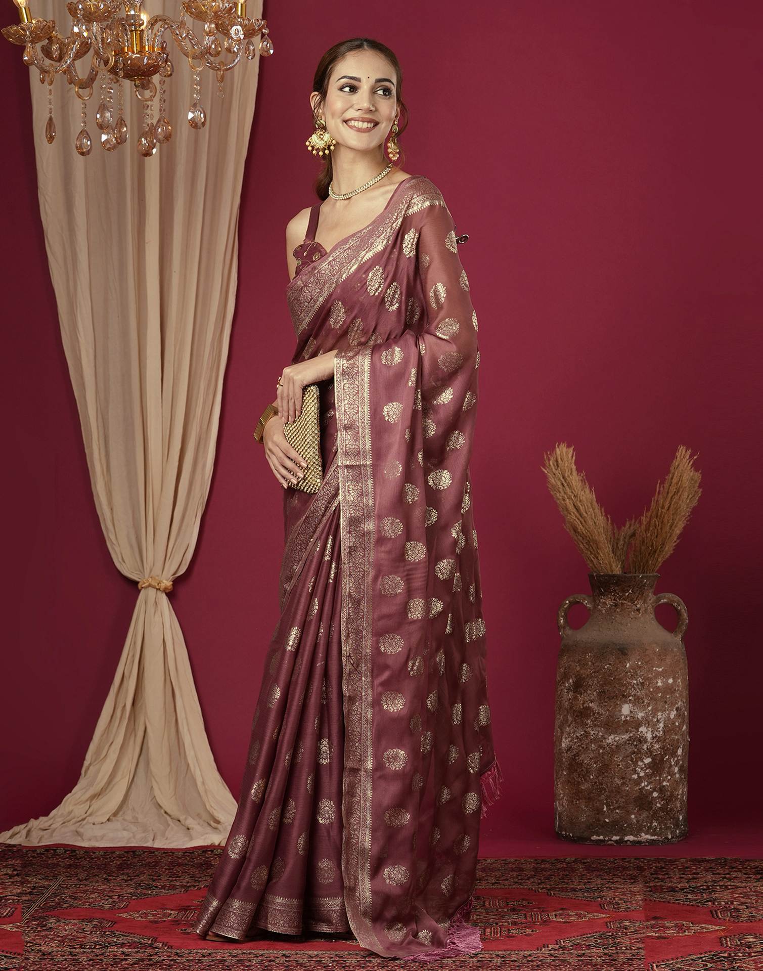 Reddish Brown Chinnon Foil Printed Saree