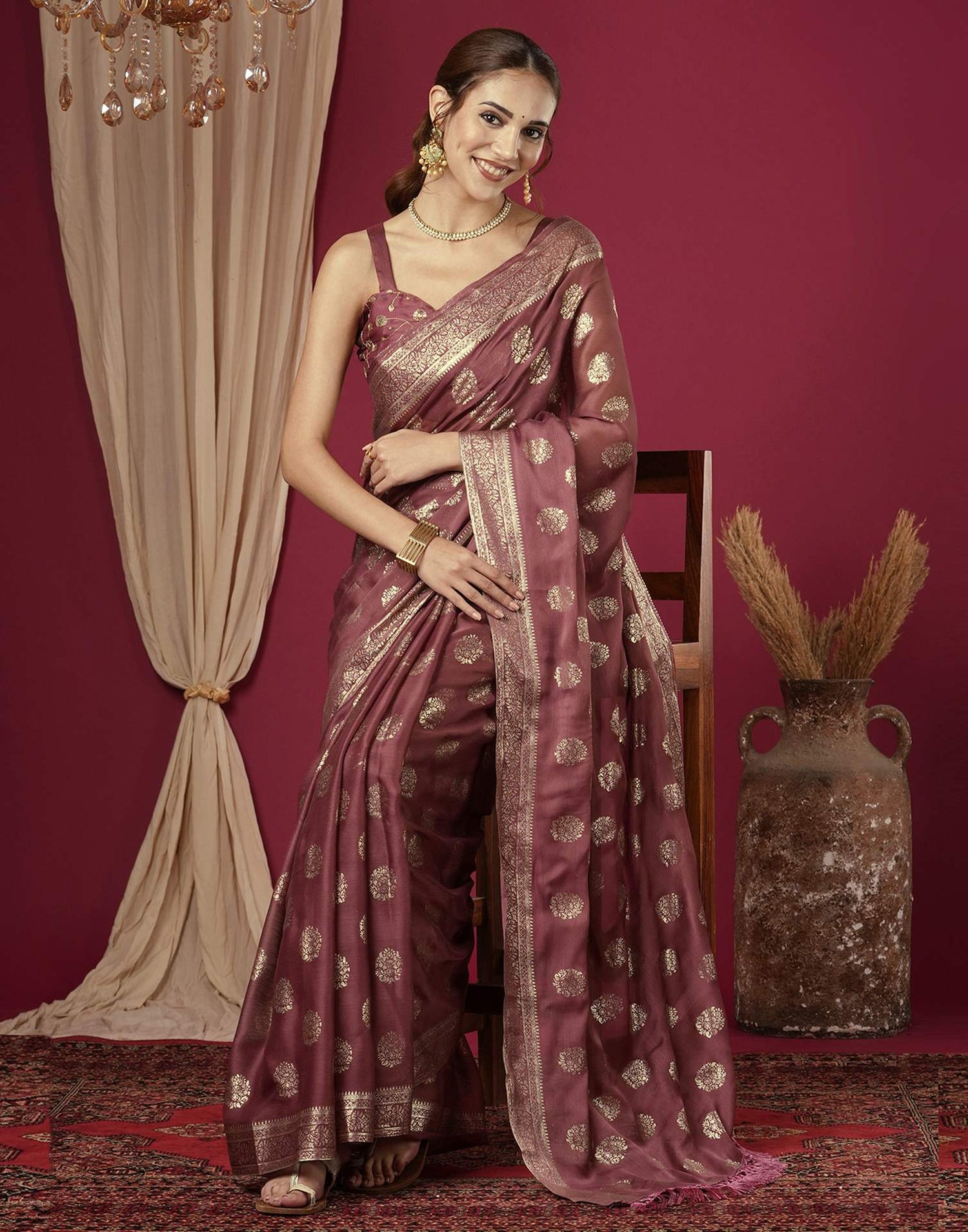 Reddish Brown Chinnon Foil Printed Saree