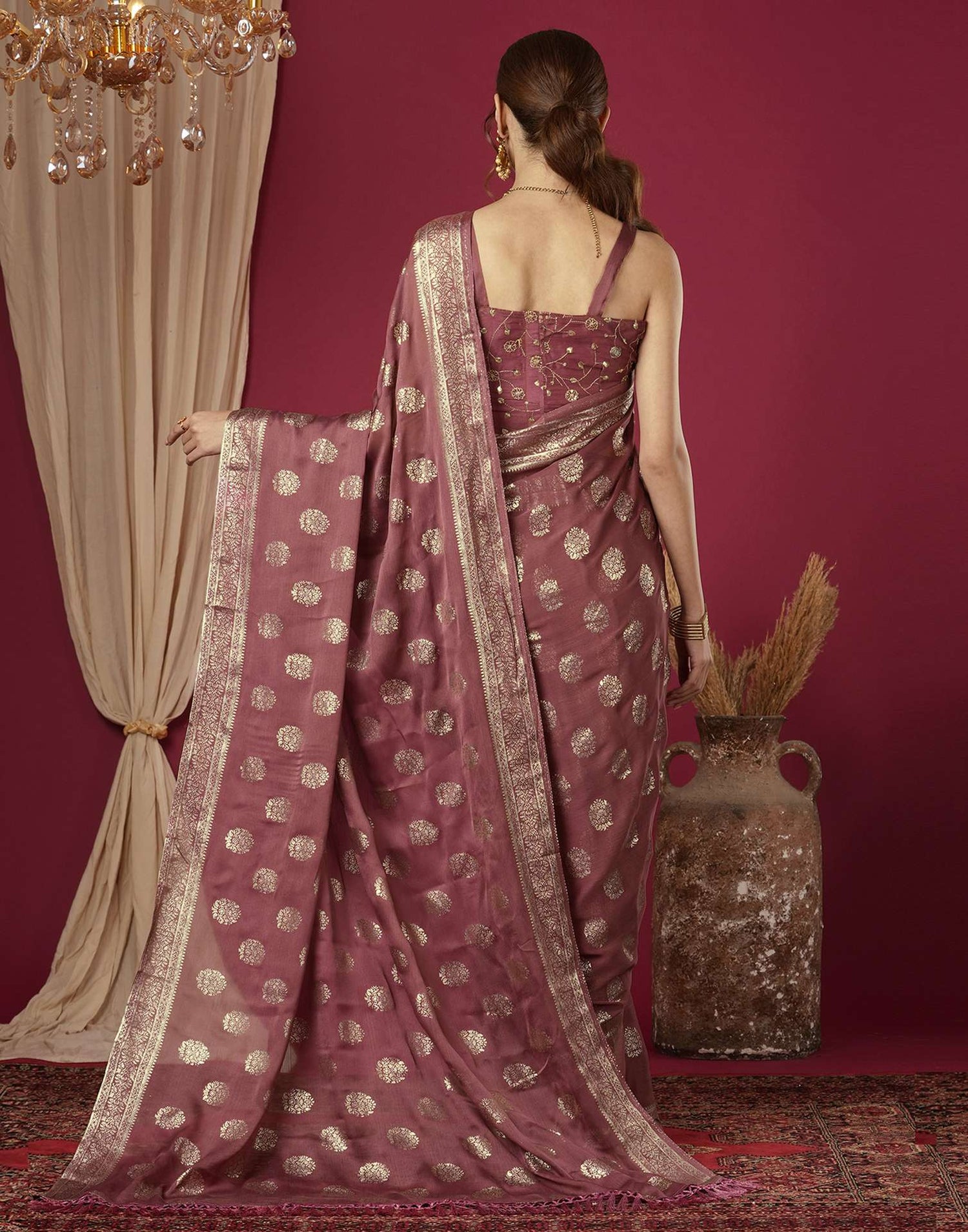 Reddish Brown Chinnon Foil Printed Saree