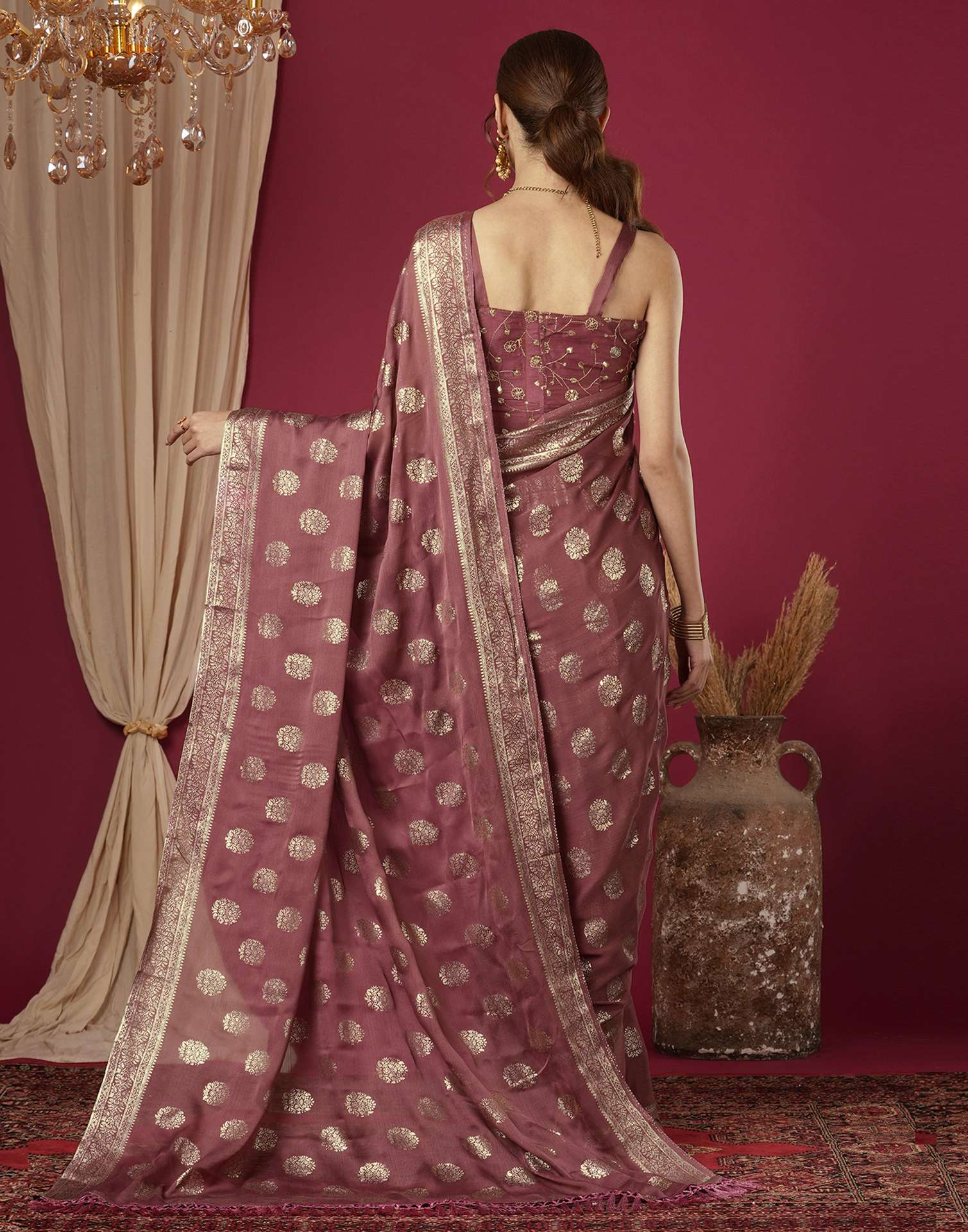 Reddish Brown Chinnon Foil Printed Saree