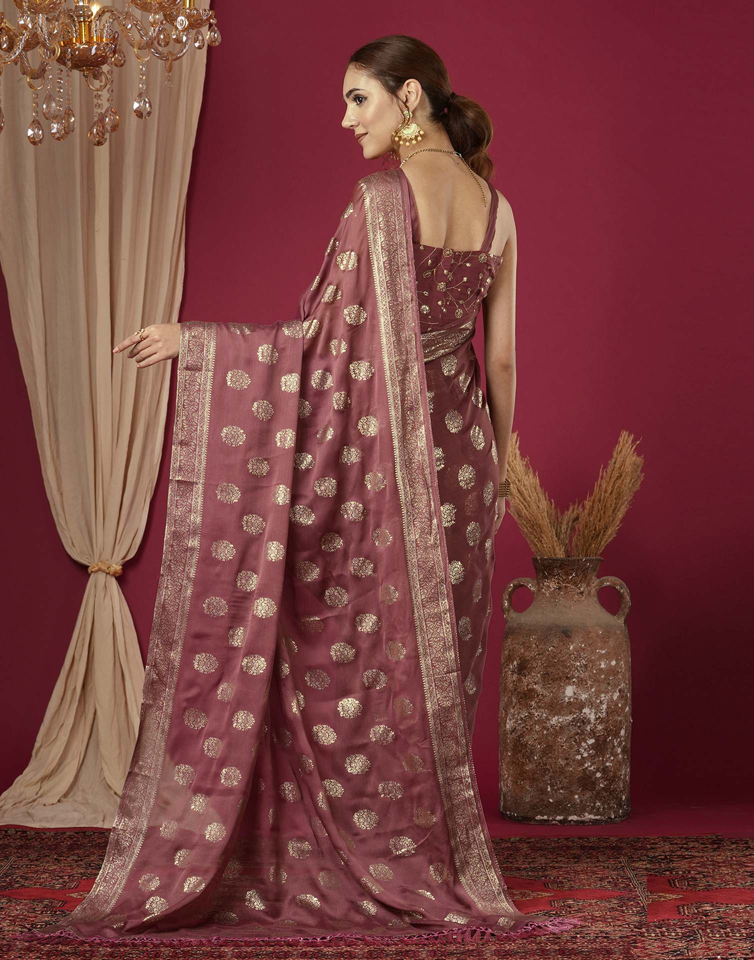 Reddish Brown Chinnon Foil Printed Saree
