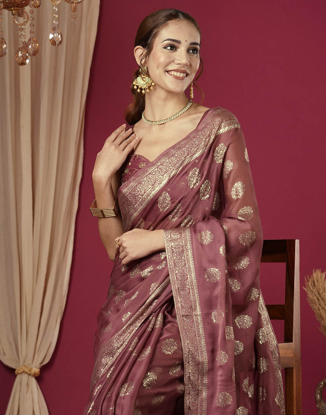 Reddish Brown Chinnon Foil Printed Saree