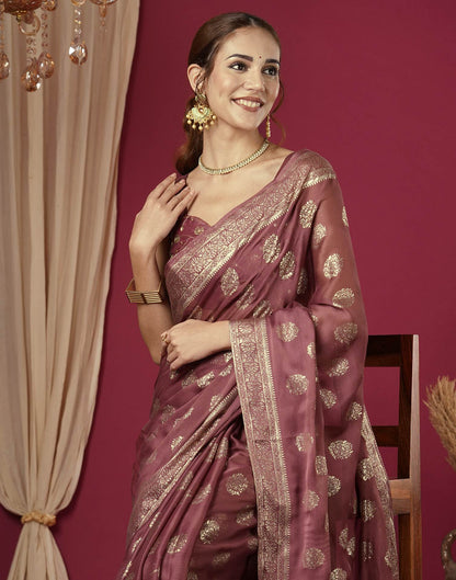 Reddish Brown Chinnon Foil Printed Saree