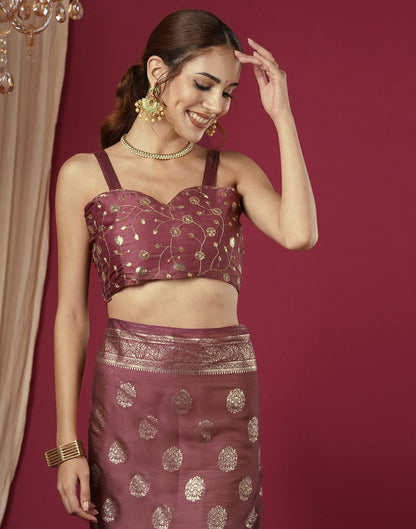 Reddish Brown Chinnon Foil Printed Saree