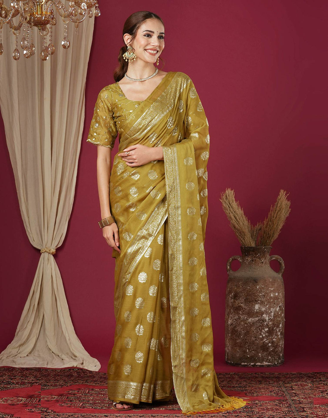 Mustard Chinnon Foil Printed Saree