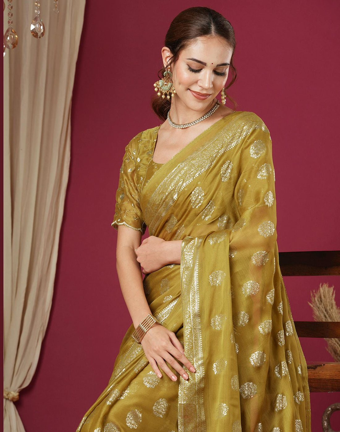 Mustard Chinnon Foil Printed Saree