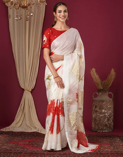 Off White Silk Foil Printed Saree