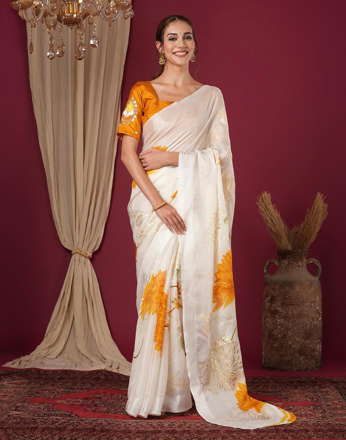 Off White Silk Foil Printed Saree
