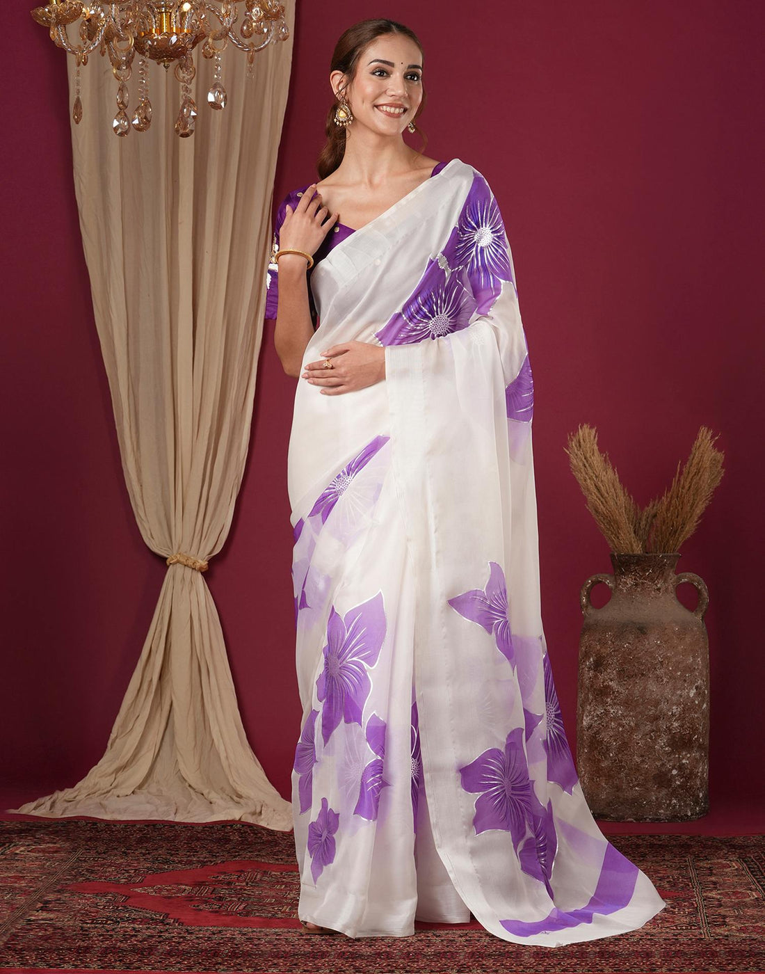 Off White Silk Floral Foil Printed Saree
