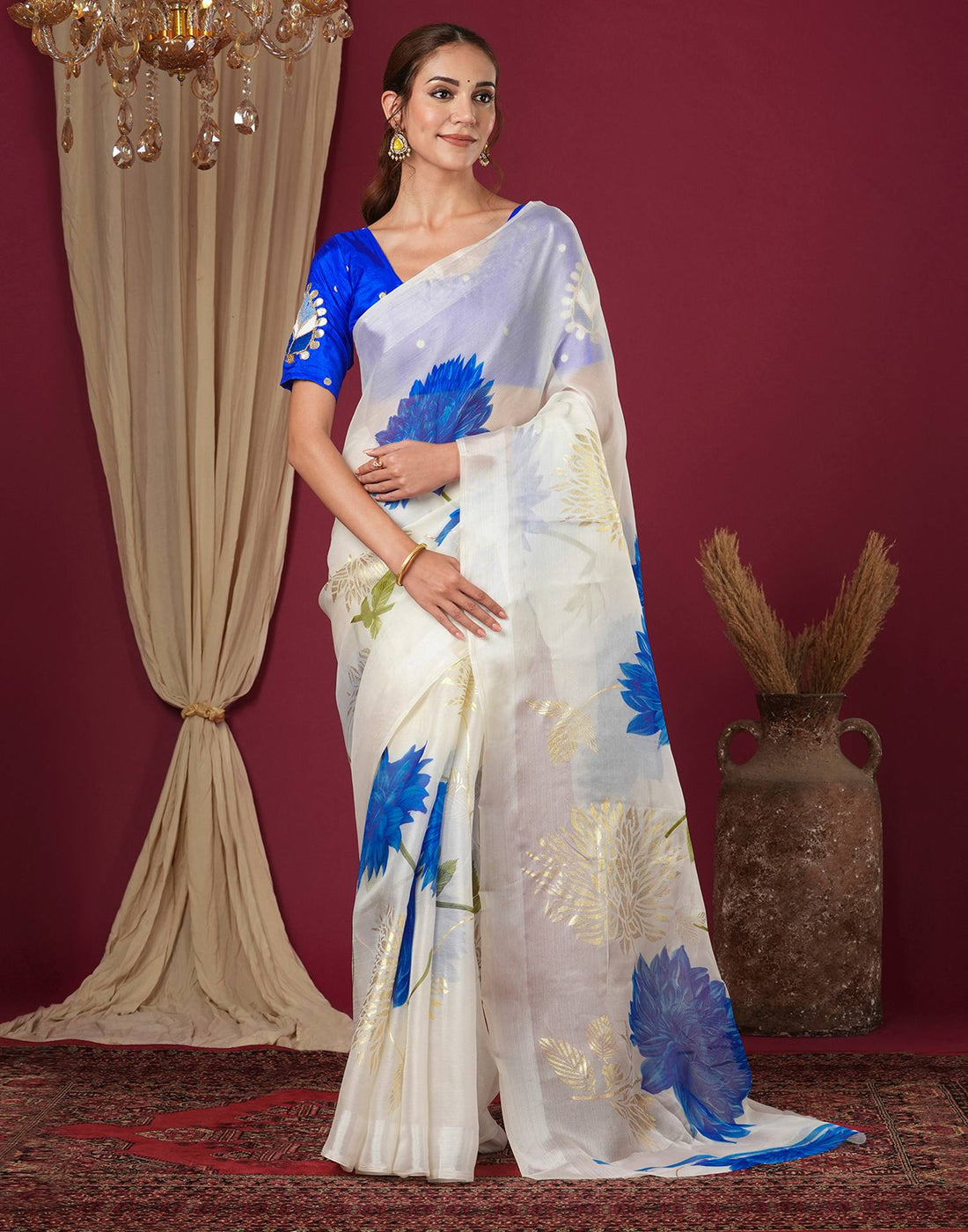 Off White Silk Foil Printed Saree
