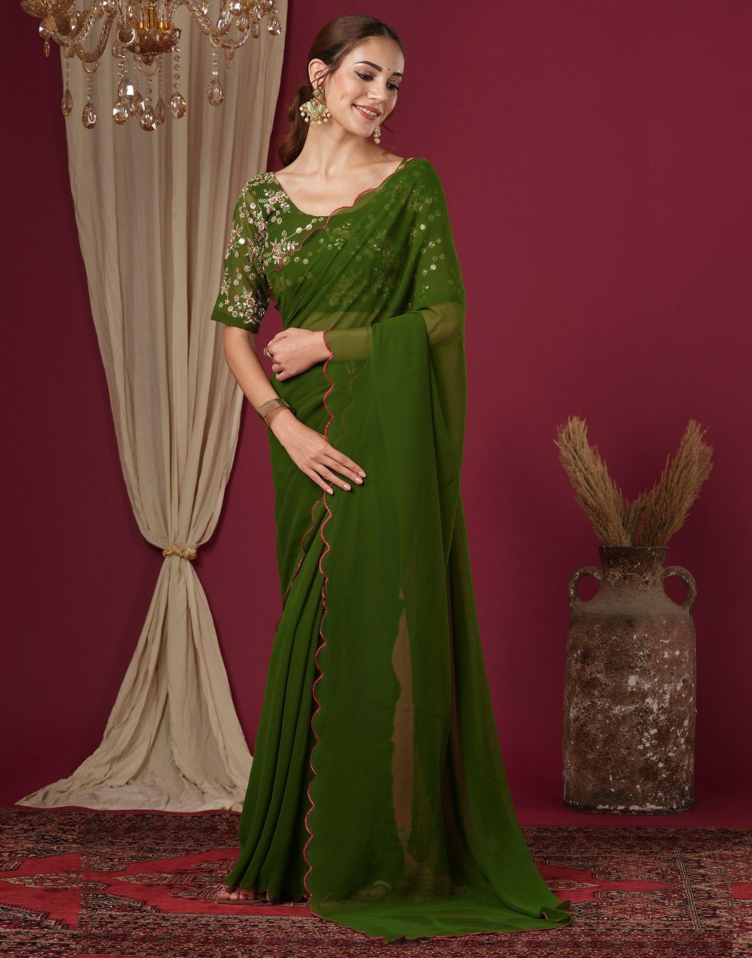 Olive Green Georgette Dyed Plain Saree