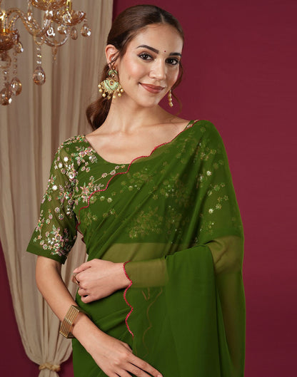 Olive Green Georgette Dyed Plain Saree
