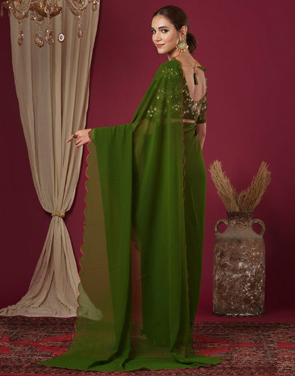 Olive Green Georgette Dyed Plain Saree