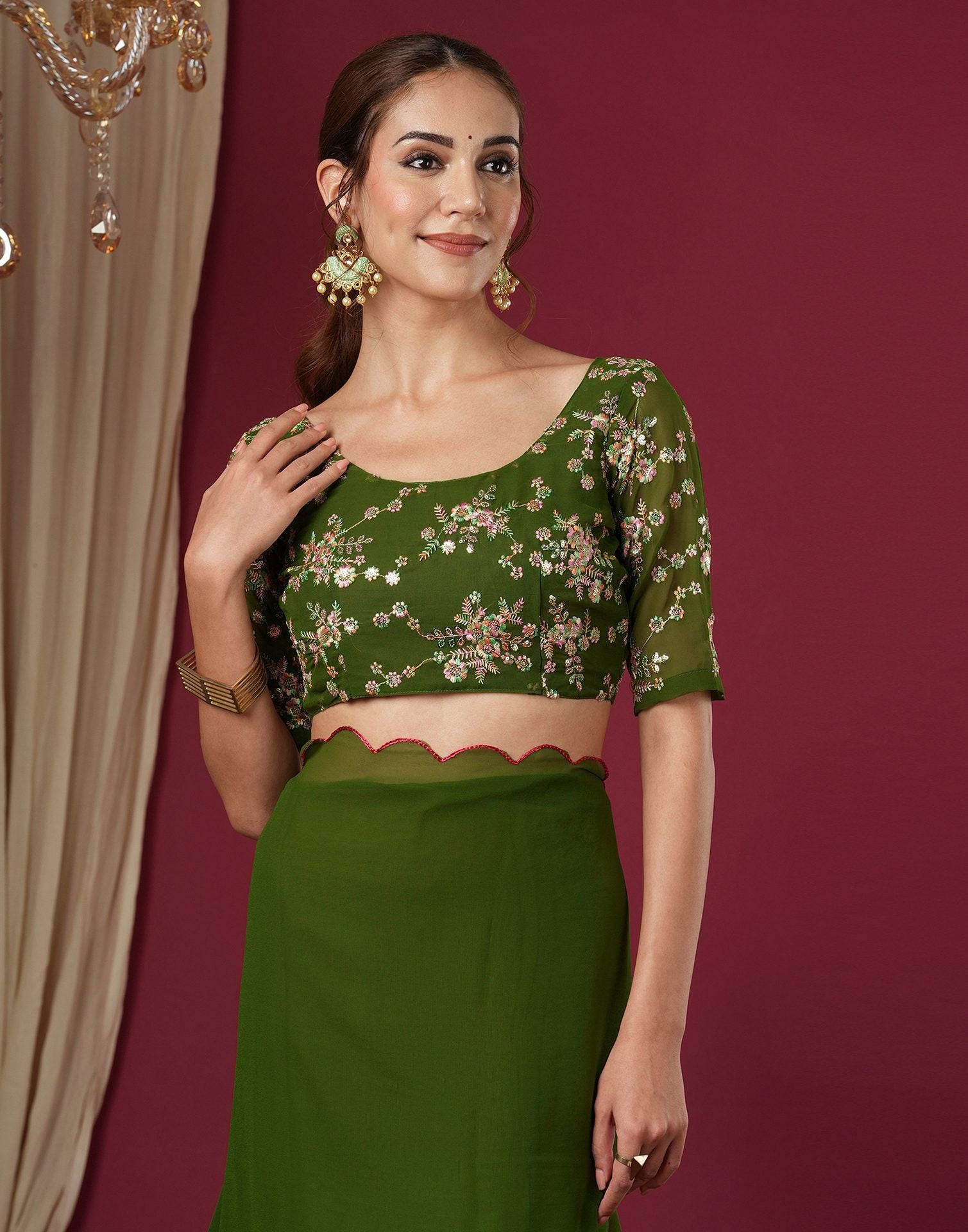 Olive Green Georgette Dyed Plain Saree