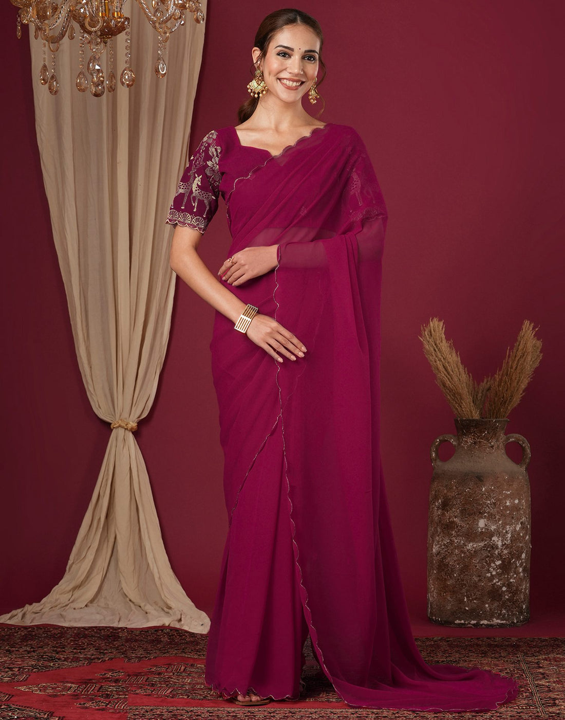 Rani Pink Georgette Dyed Plain Saree