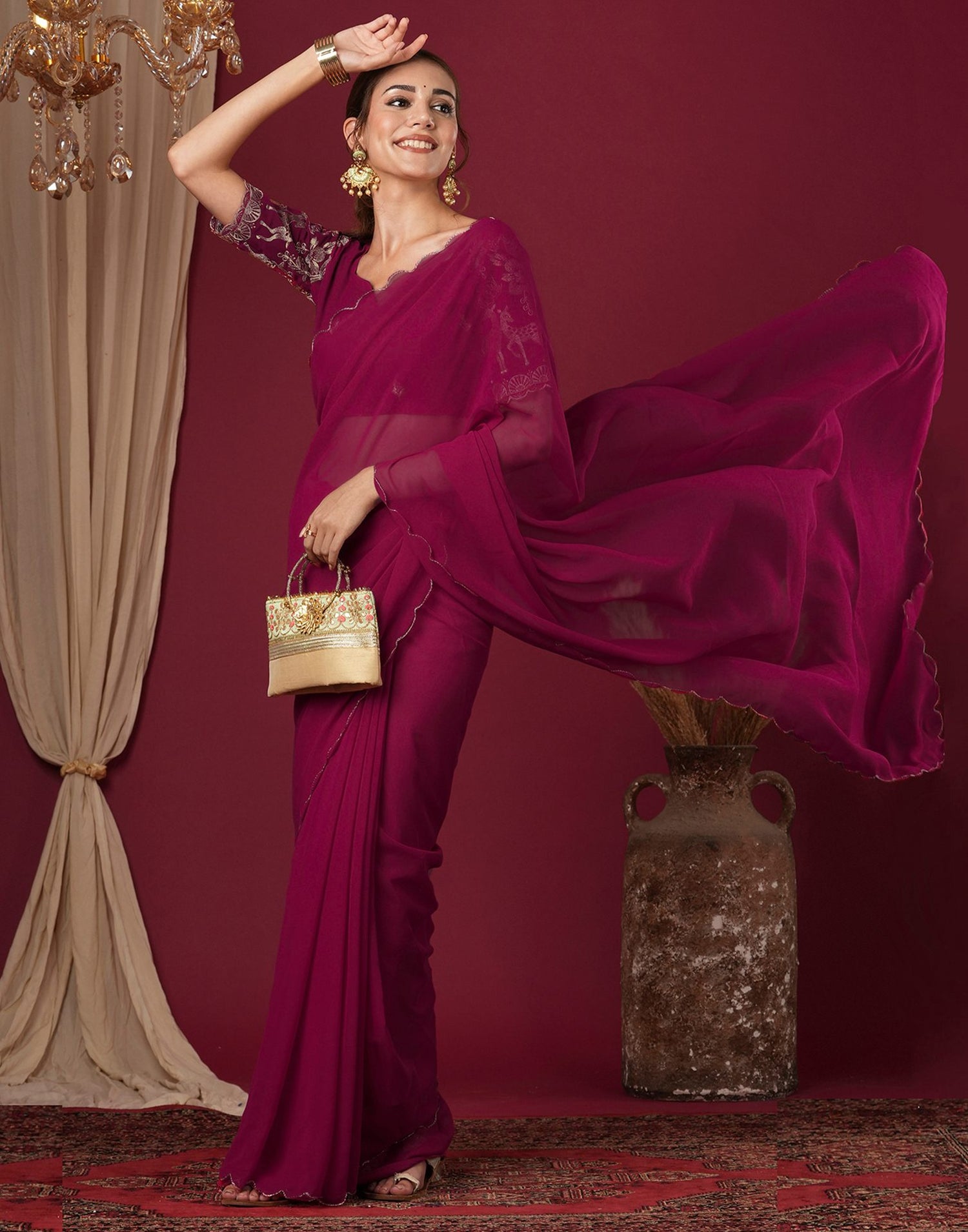 Rani Pink Georgette Dyed Plain Saree
