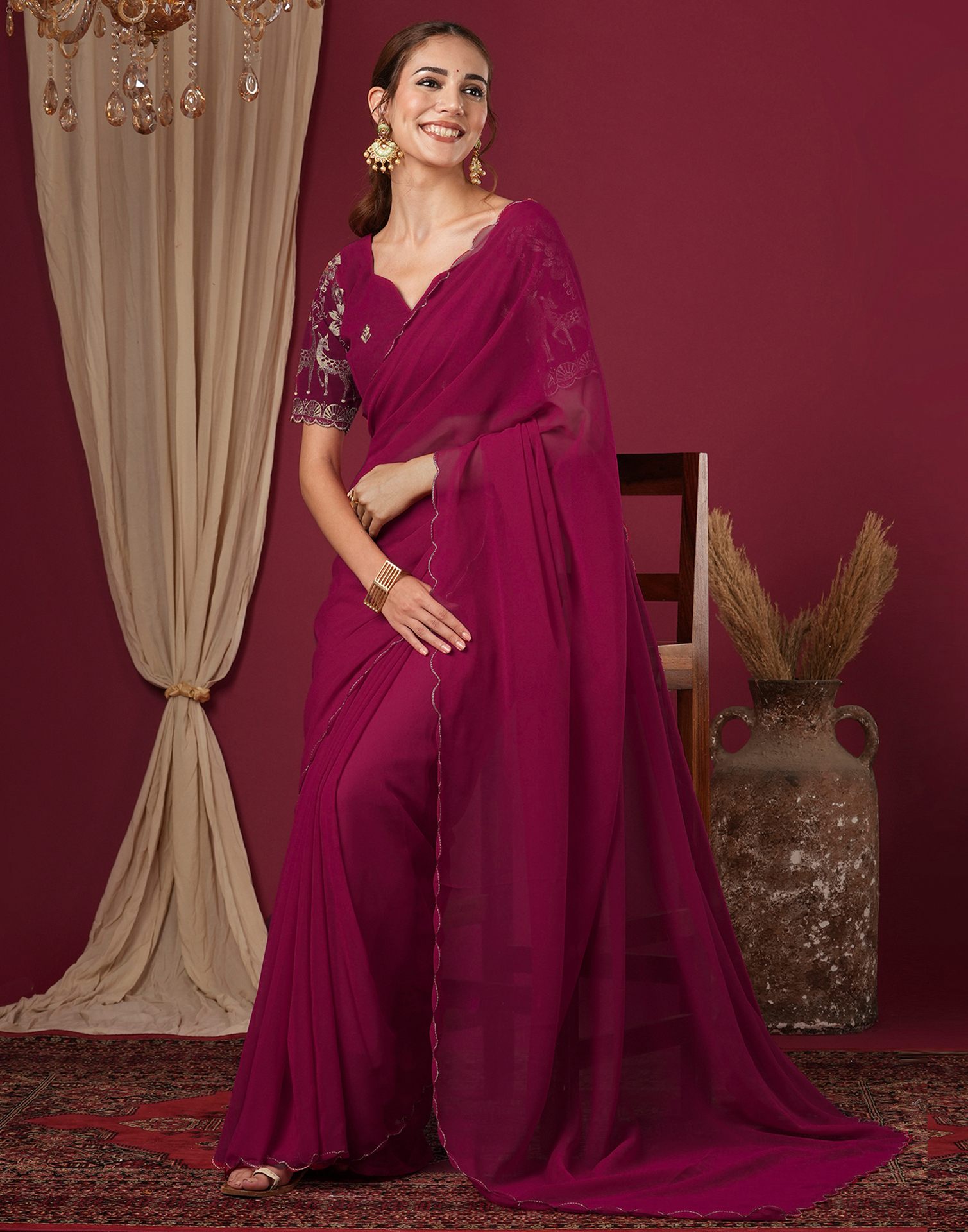 Rani Pink Georgette Dyed Plain Saree