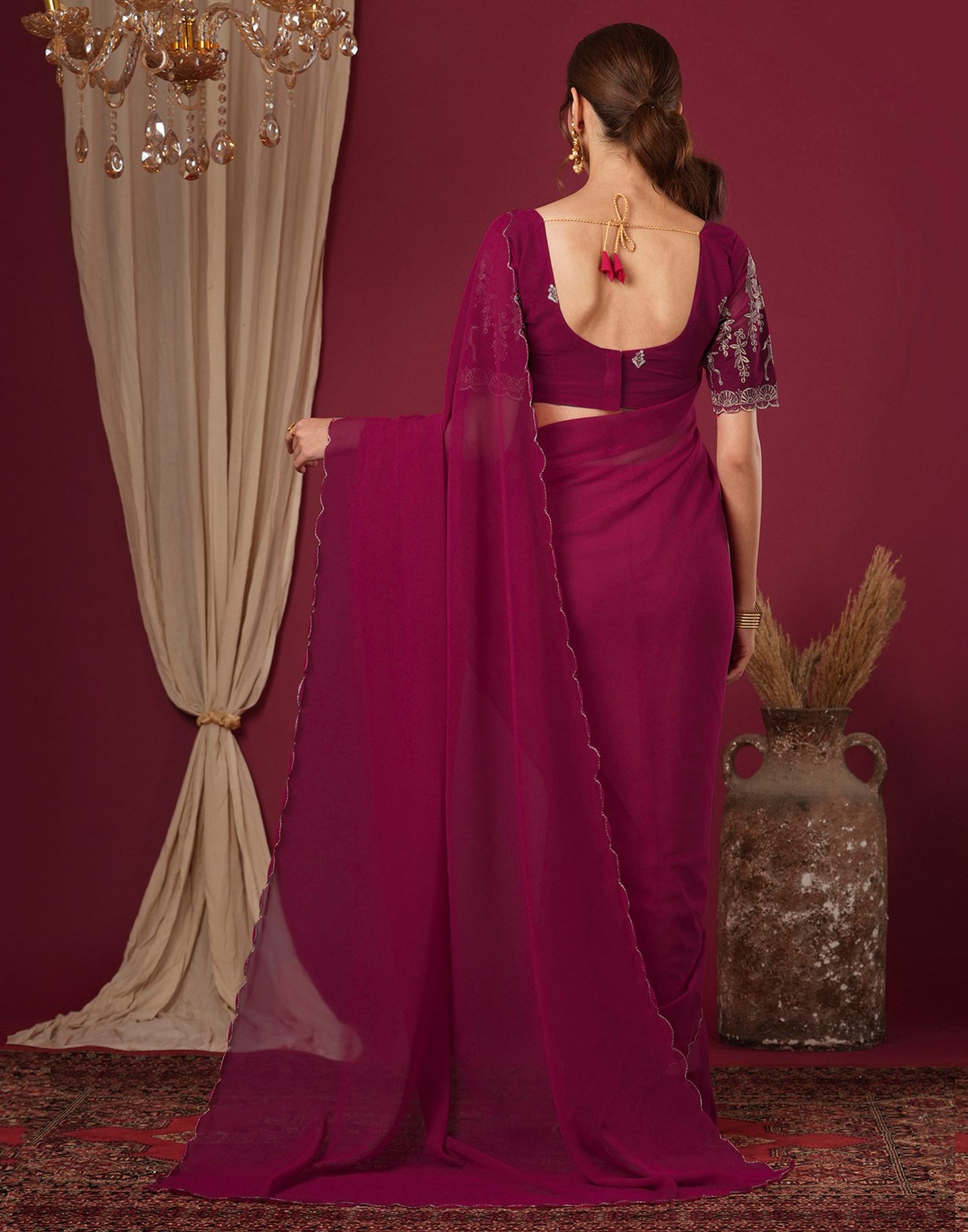 Rani Pink Georgette Dyed Plain Saree