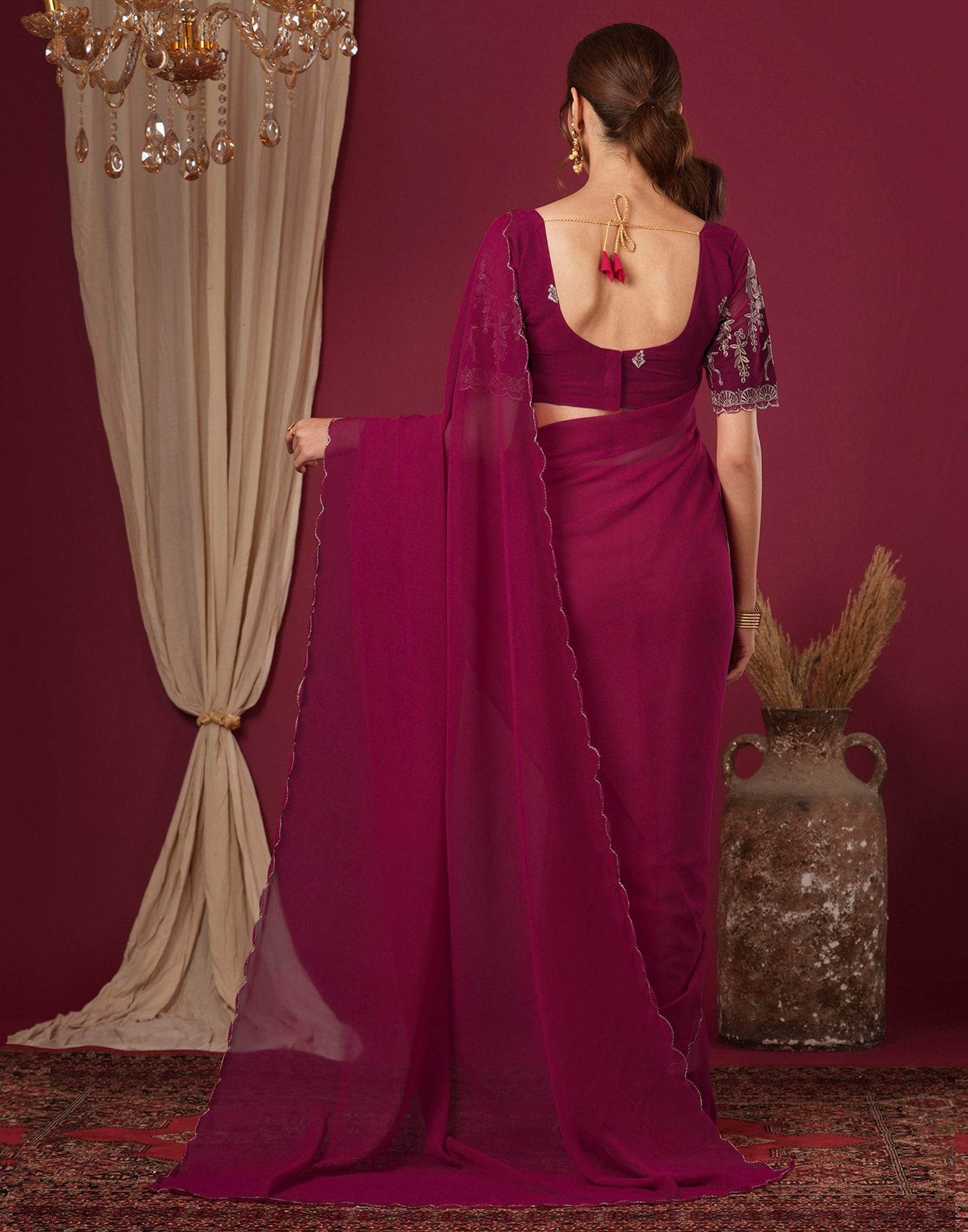 Rani Pink Georgette Dyed Plain Saree