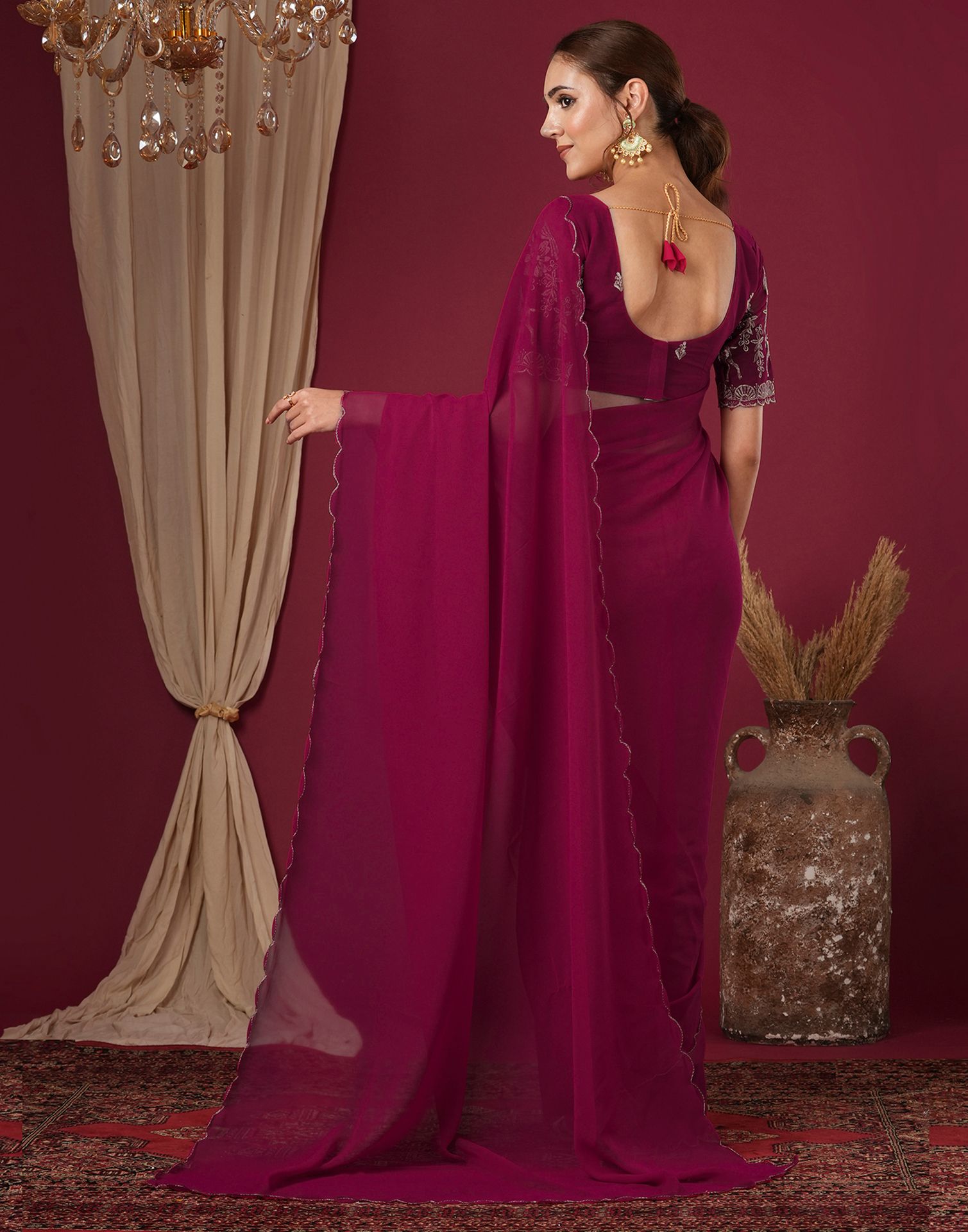 Rani Pink Georgette Dyed Plain Saree