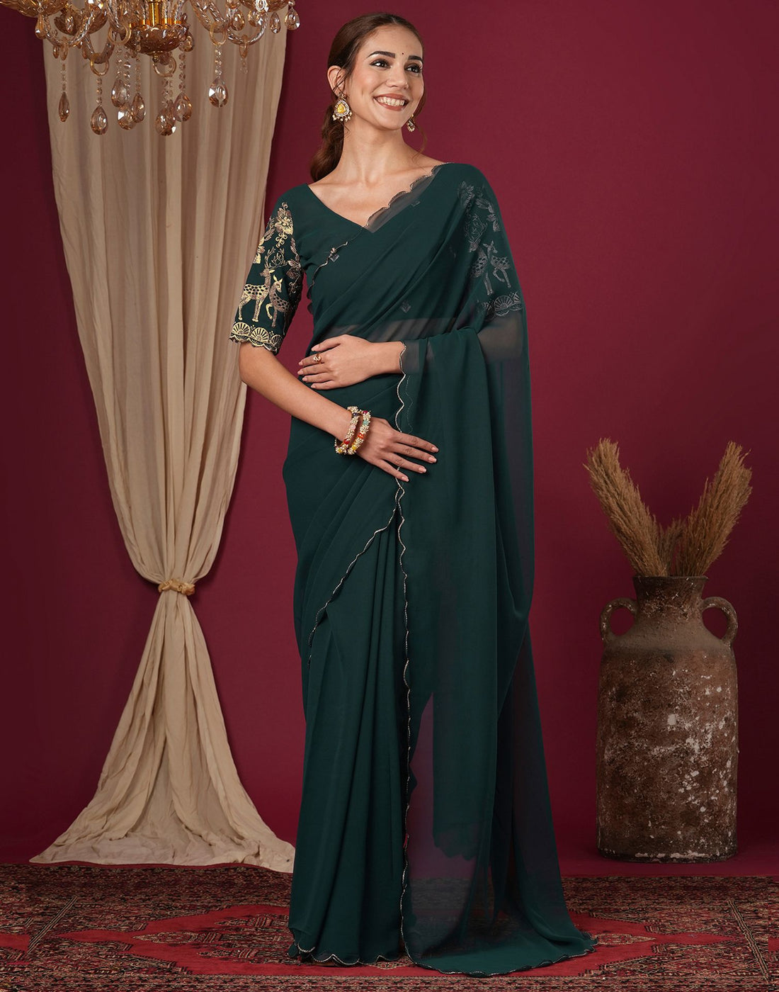 Rama Green Georgette Dyed Plain Saree