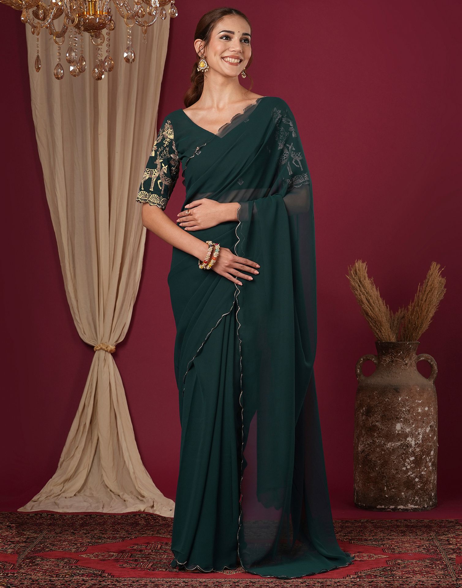 Rama Green Georgette Dyed Plain Saree