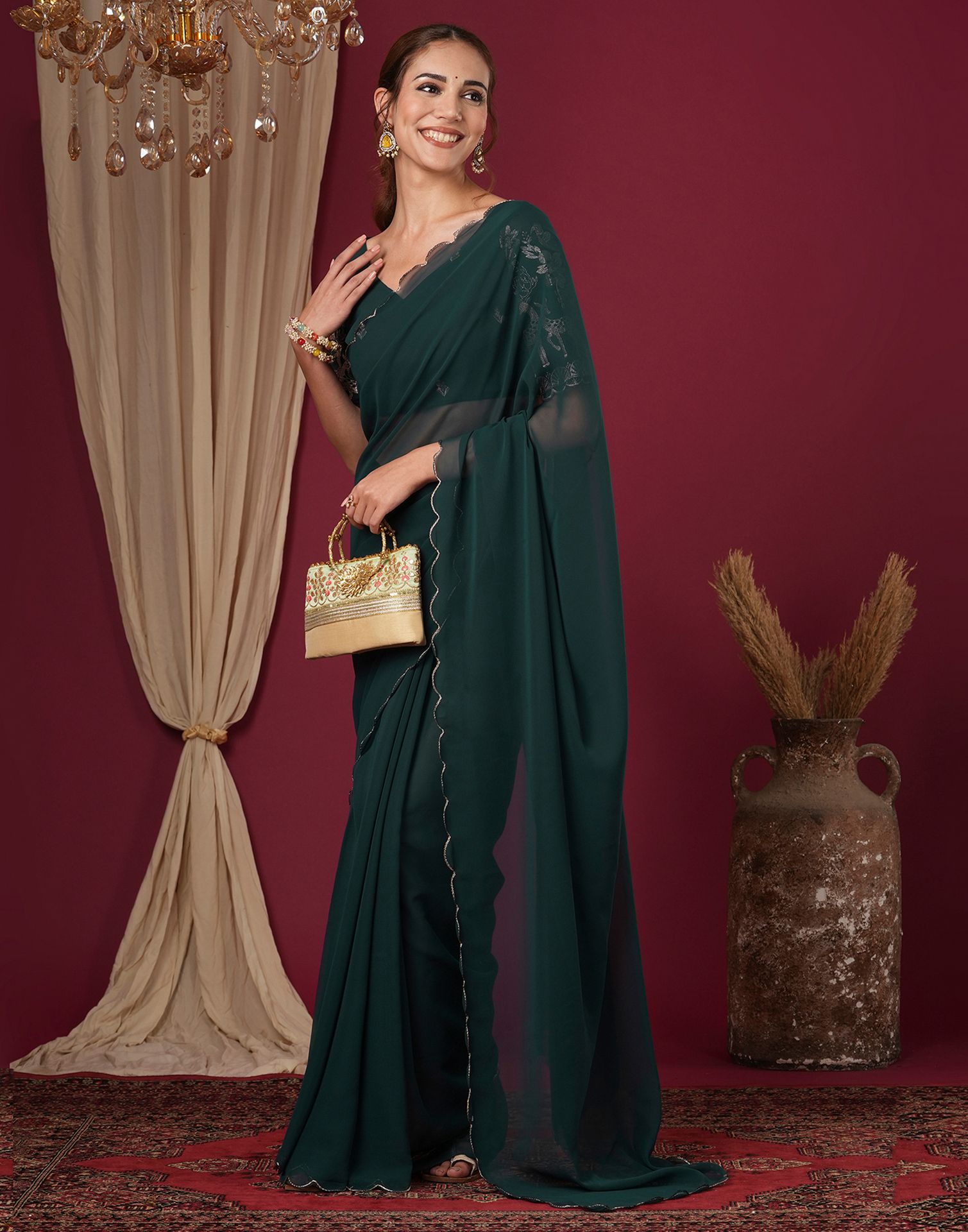 Rama Green Georgette Dyed Plain Saree