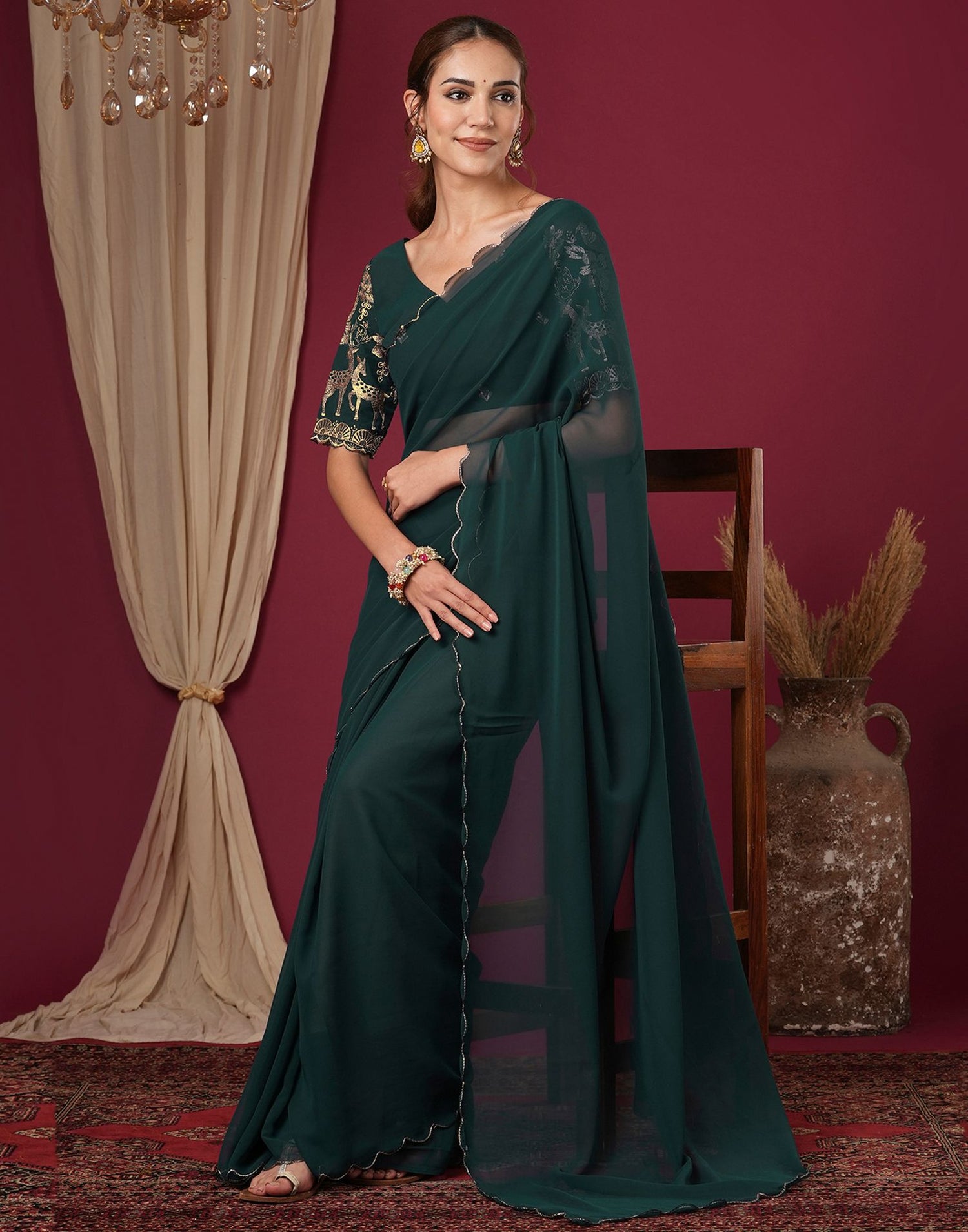 Rama Green Georgette Dyed Plain Saree