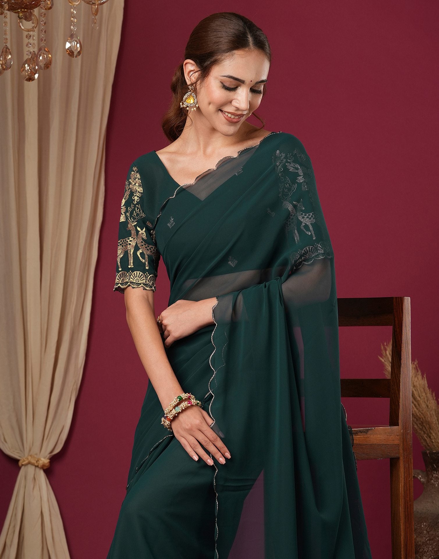 Rama Green Georgette Dyed Plain Saree