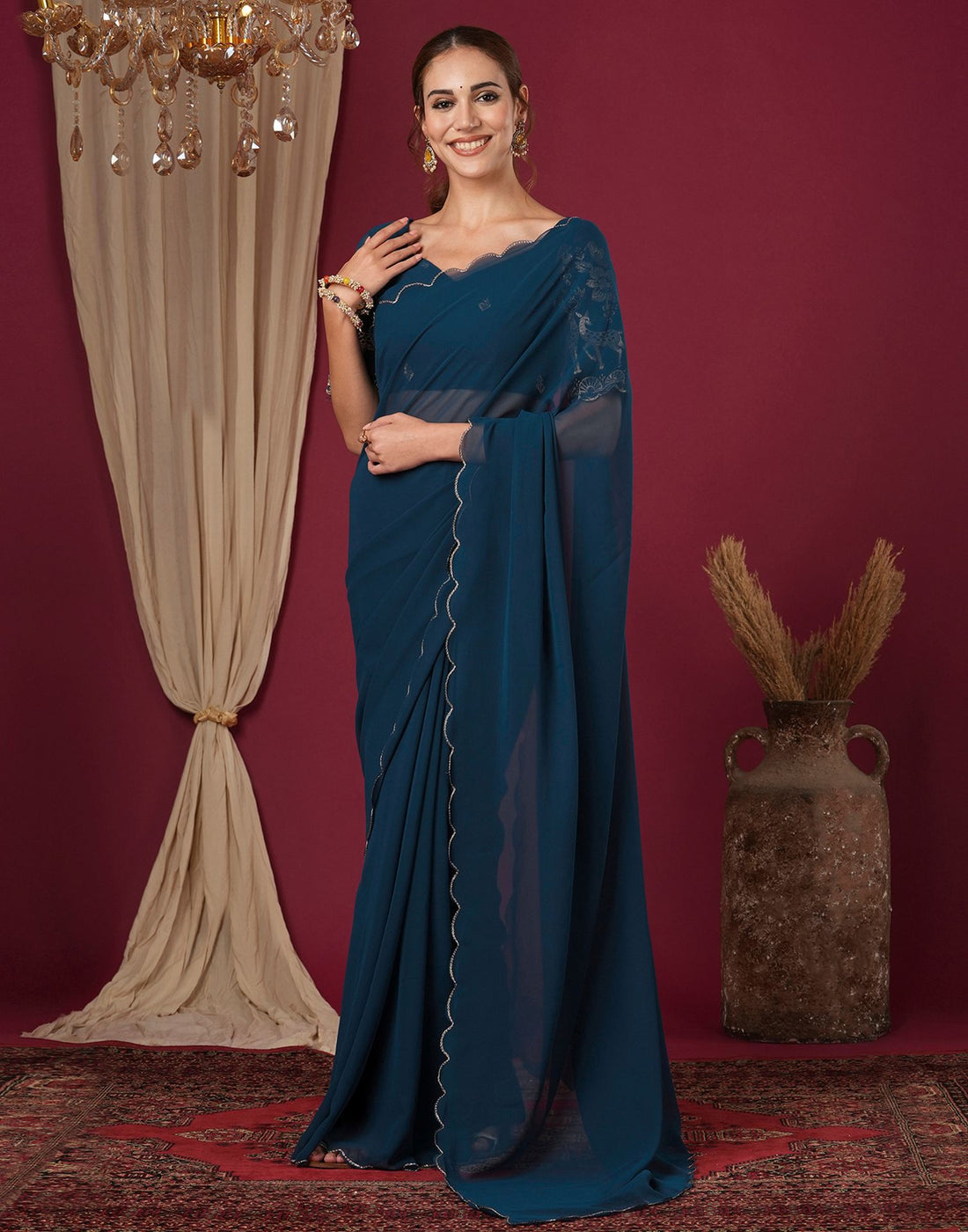 Rama Blue Georgette Dyed Plain Saree