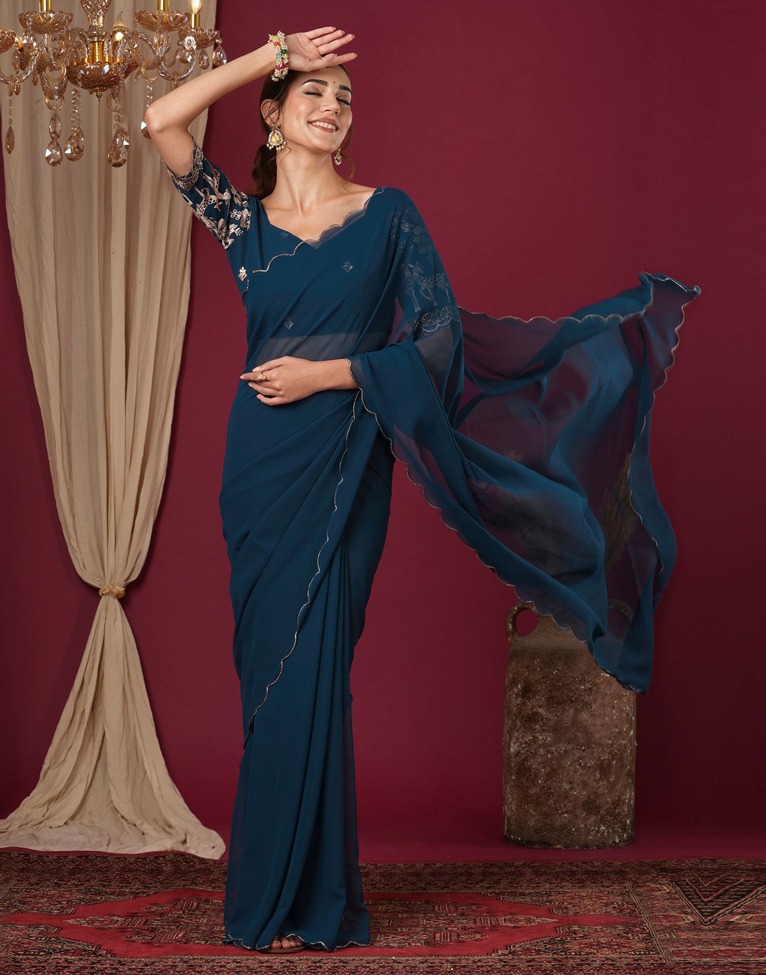 Rama Blue Georgette Dyed Plain Saree